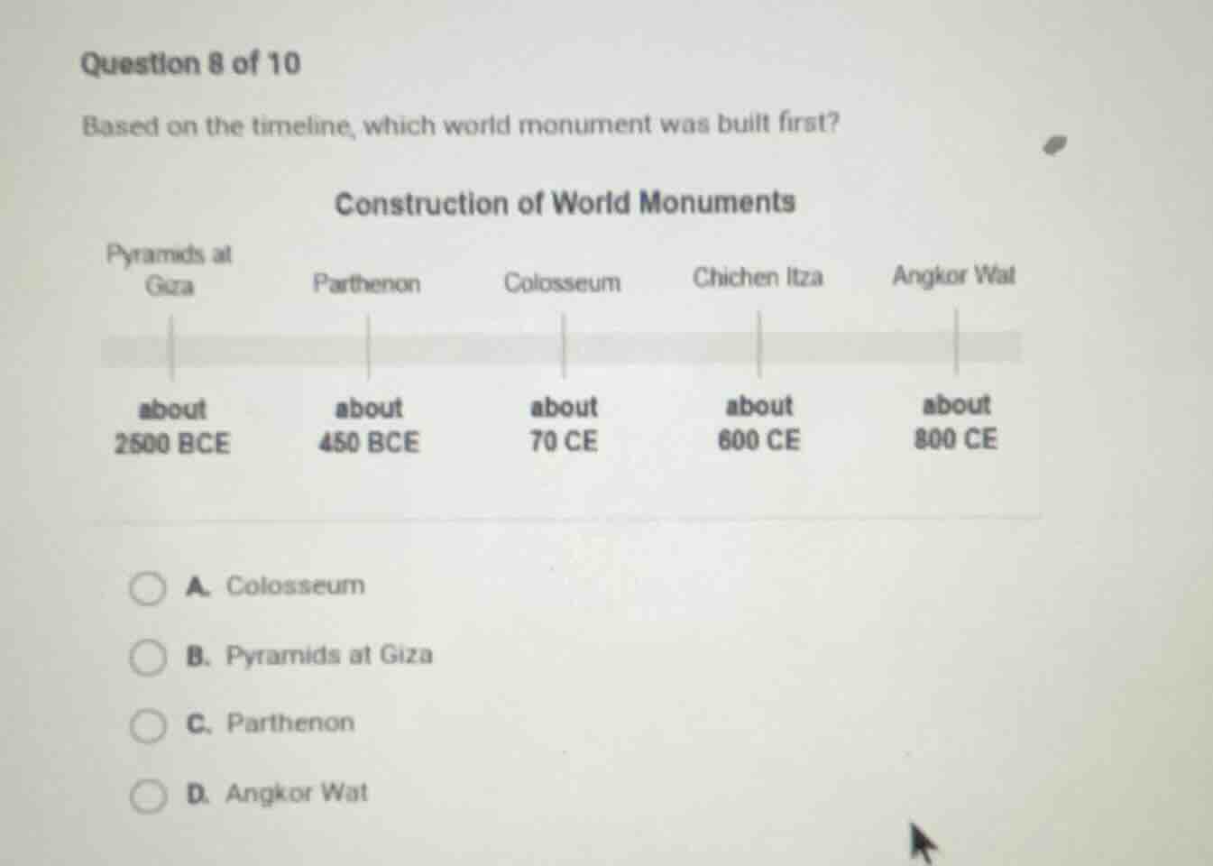 question 8 of 10 based on the timeline, which world monument was built …