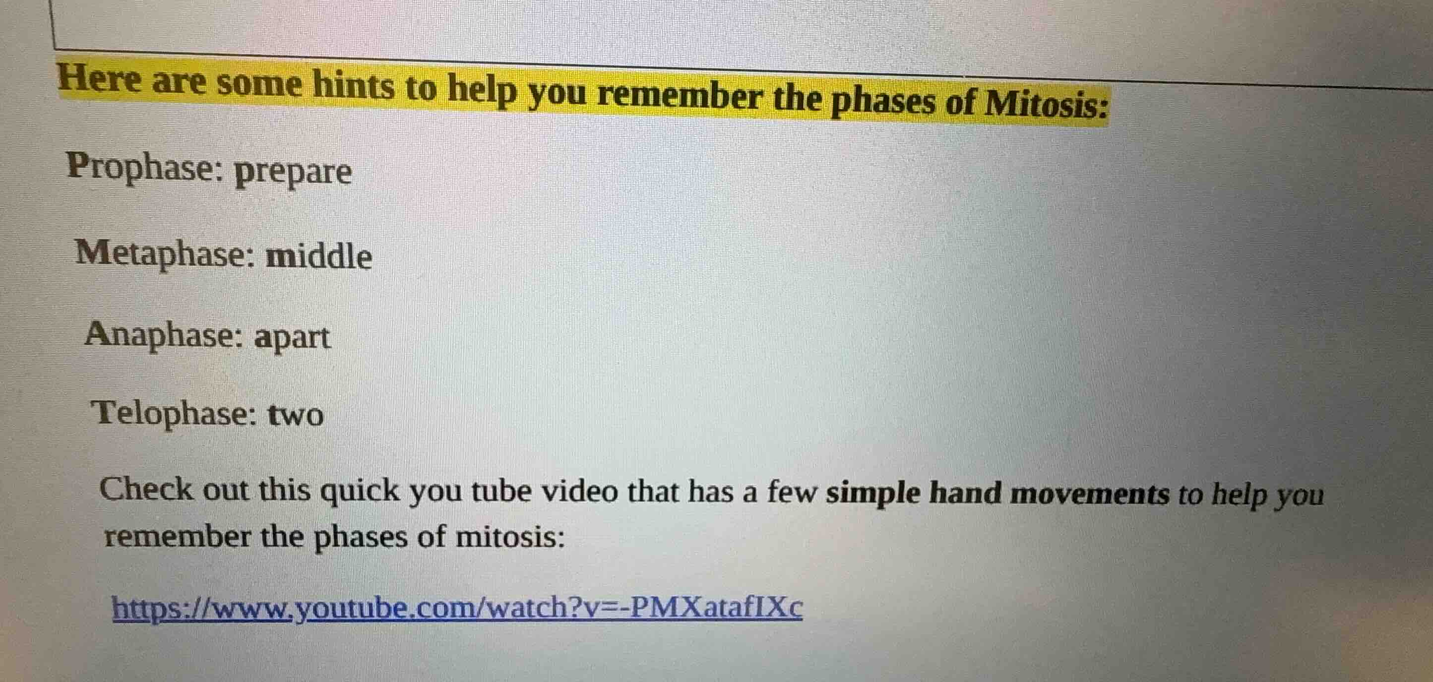 here are some hints to help you remember the phases of mitosis: prophas…