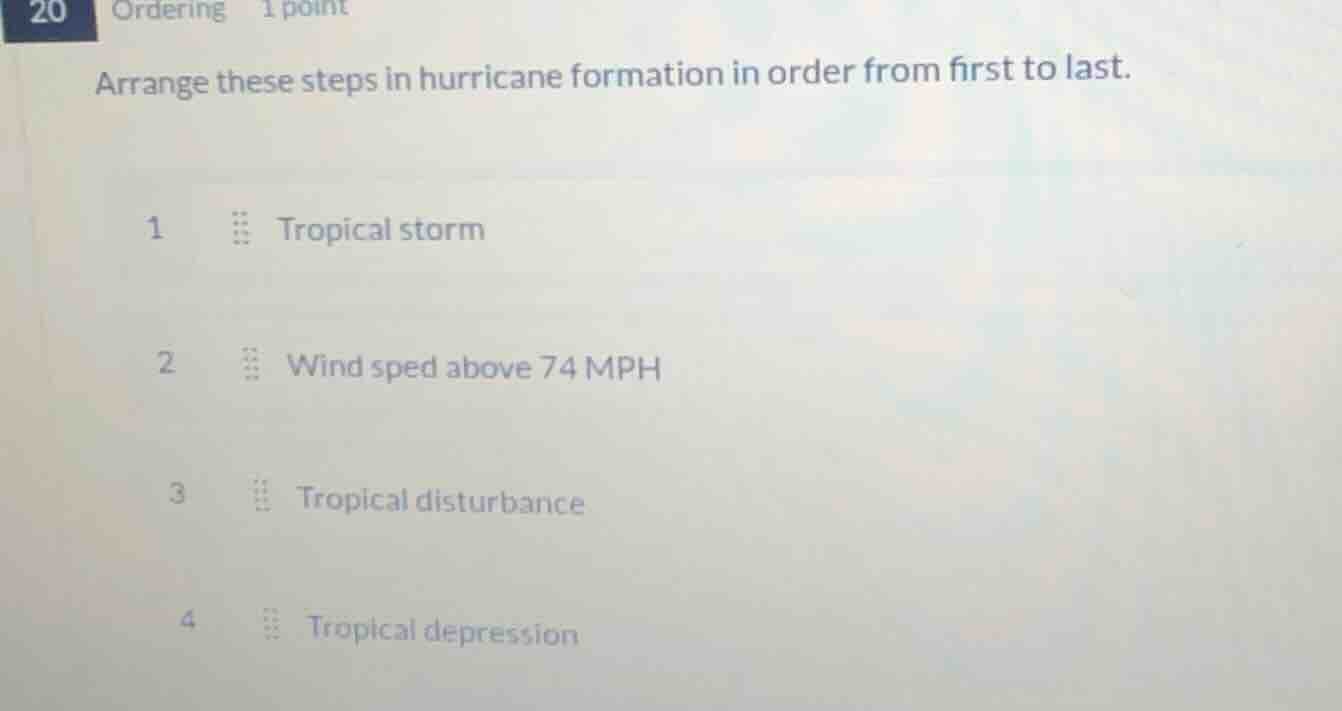 arrange these steps in hurricane formation in order from first to last.…