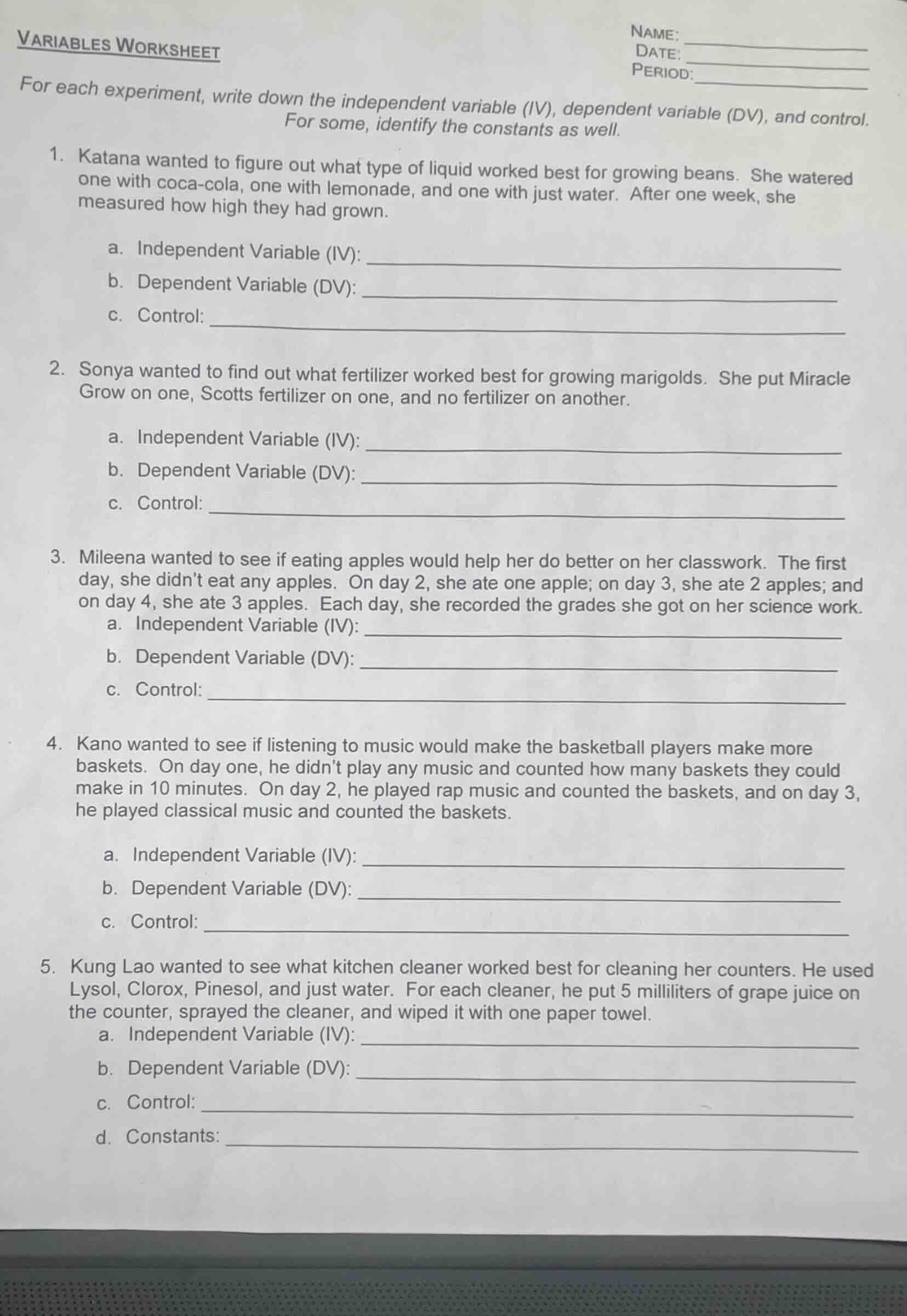 variables worksheet name: date: period: for each experiment, write down…