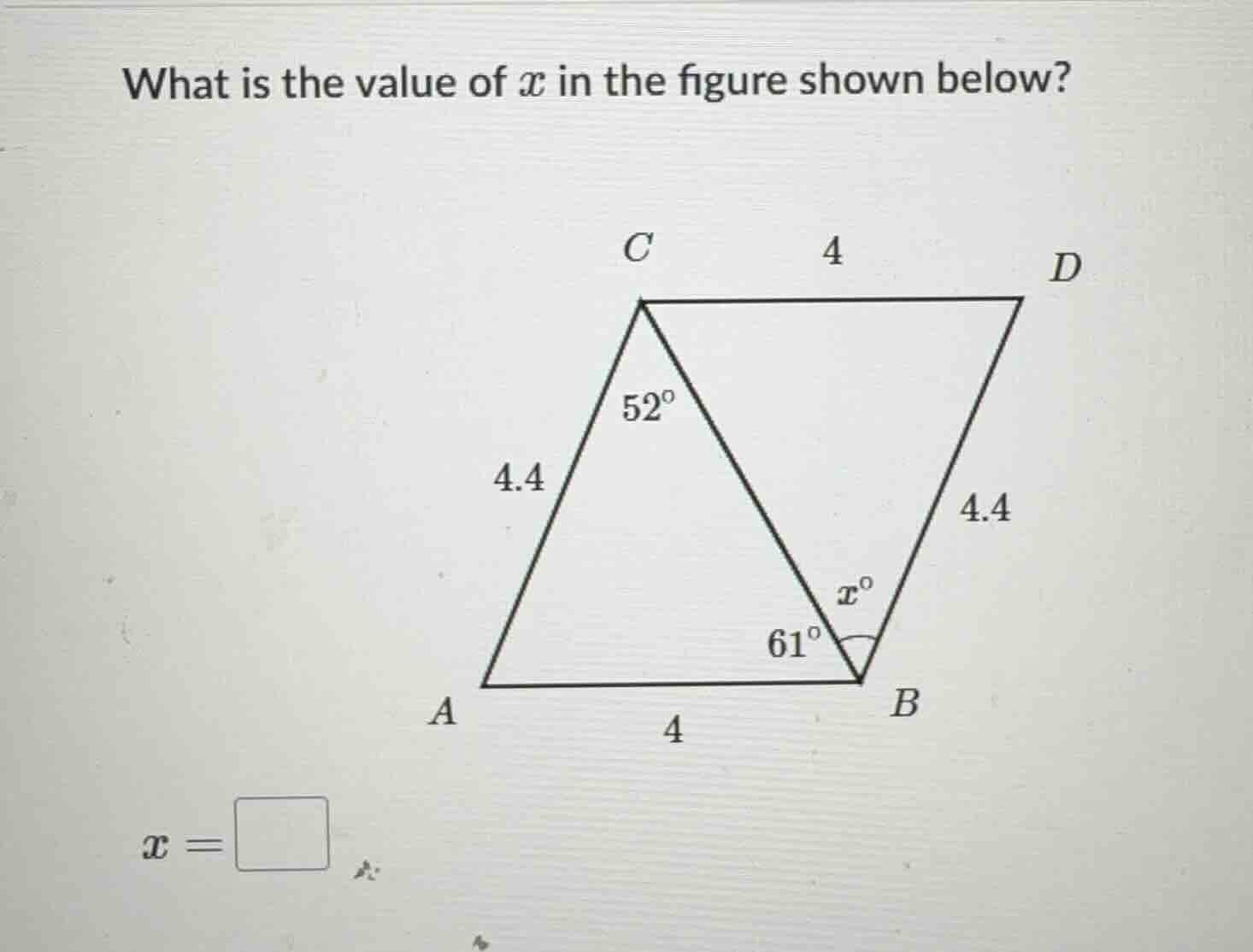 what is the value of \\(x\\) in the figure shown below? \\(x = \\box\\)