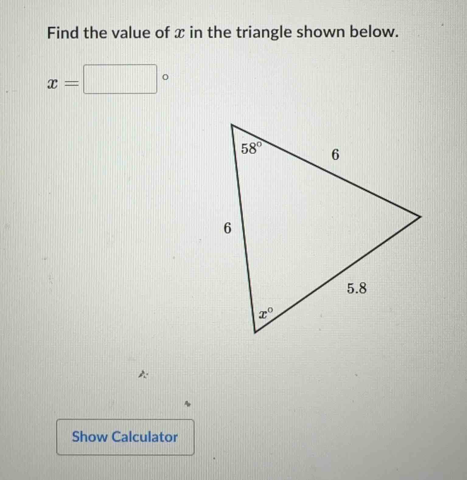find the value of \\(x\\) in the triangle shown below. \\(x = \\boxed{\…