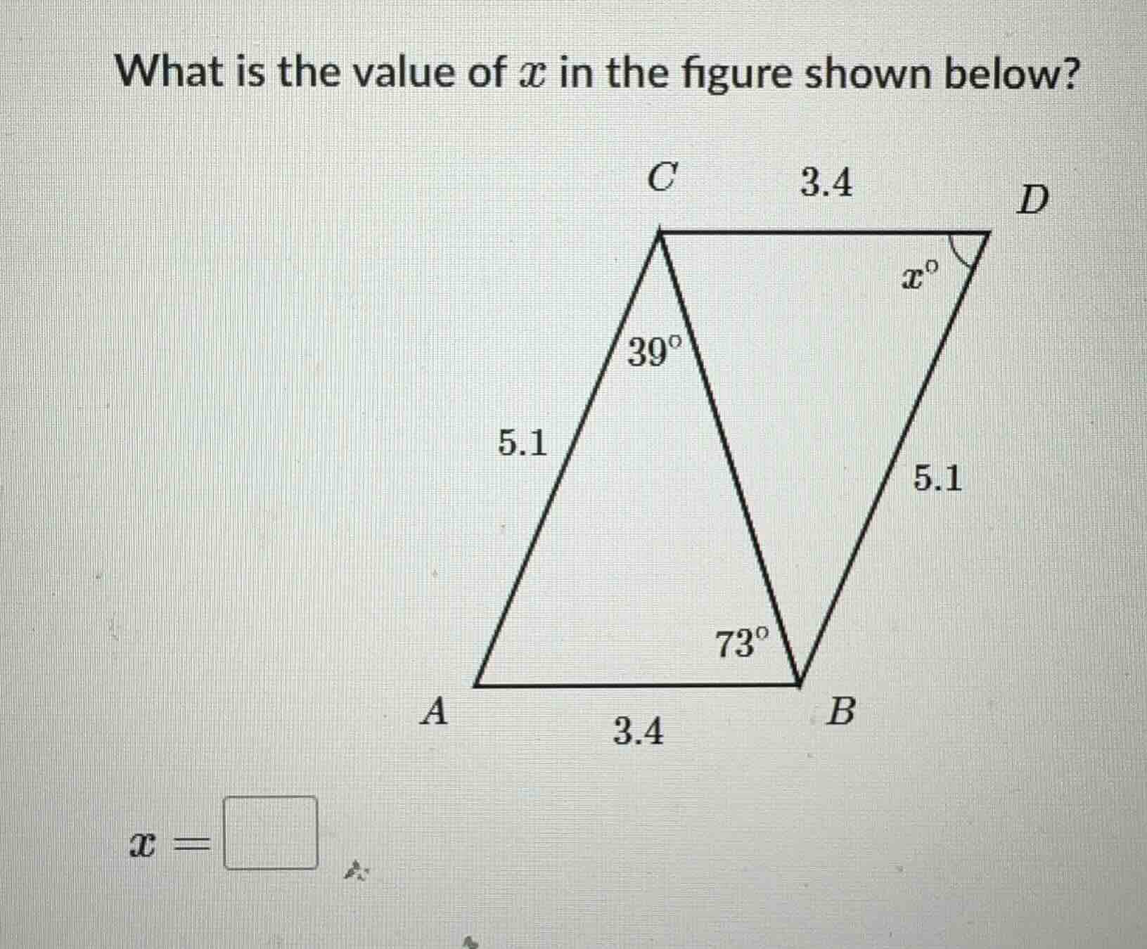 what is the value of \\(x\\) in the figure shown below? \\(x = \\square…