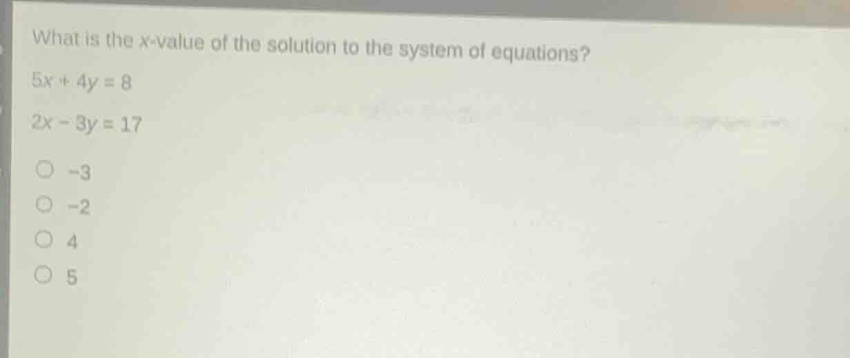 what is the x-value of the solution to the system of equations? \\(5x +…
