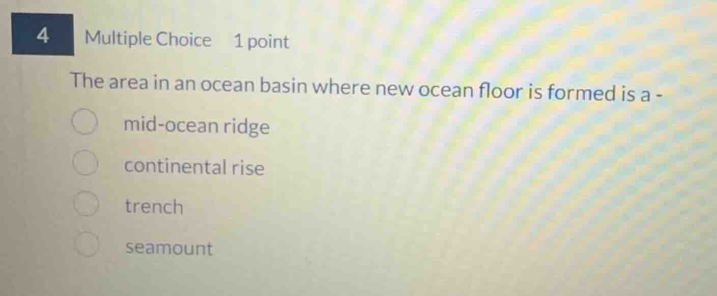 4 multiple choice 1 point the area in an ocean basin where new ocean fl…