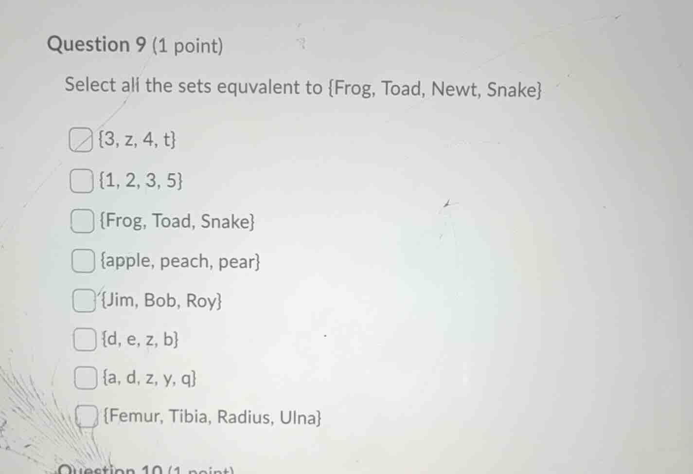 question 9 (1 point) select all the sets equivalent to \\{\\text{frog},…