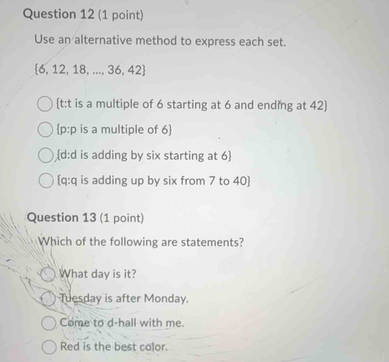 question 12 (1 point) use an alternative method to express each set. \\…