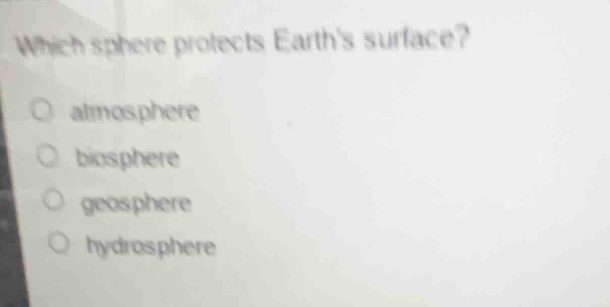 which sphere protects earths surface? atmosphere biosphere geosphere hy…