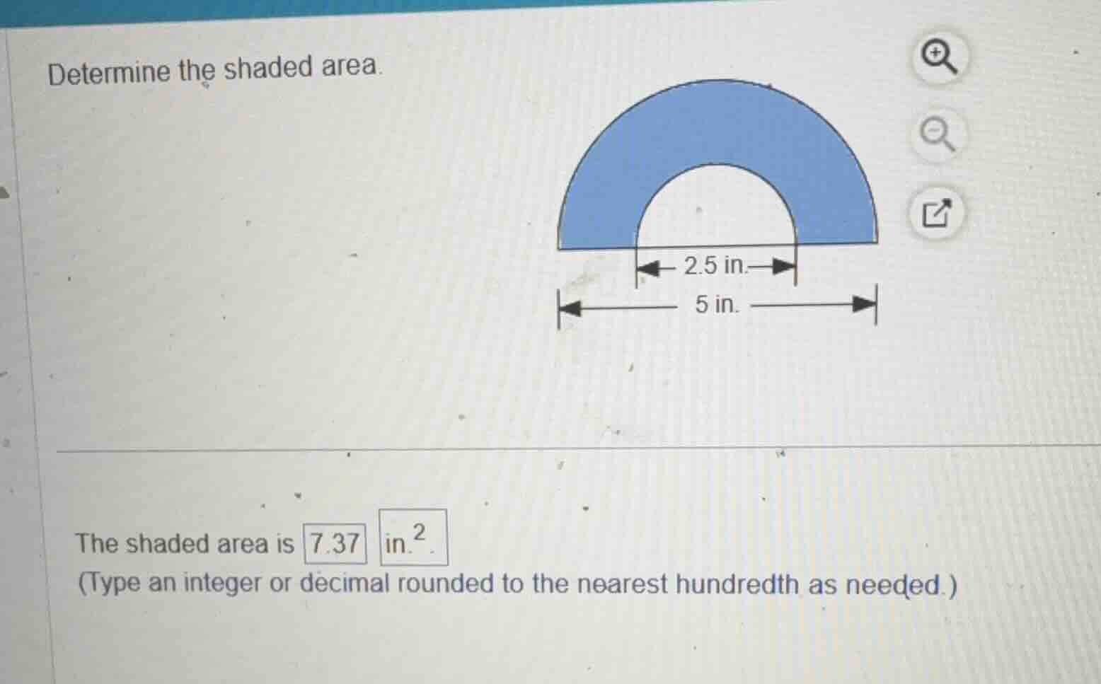 determine the shaded area. the shaded area is \\(7.37\\) \\(\\text{in.}…