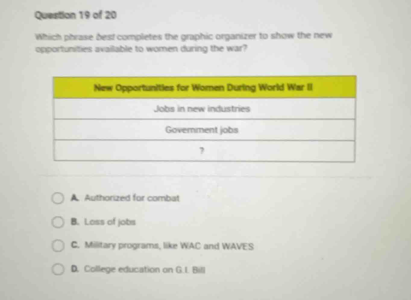 question 19 of 20 which phrase best completes the graphic organizer to …