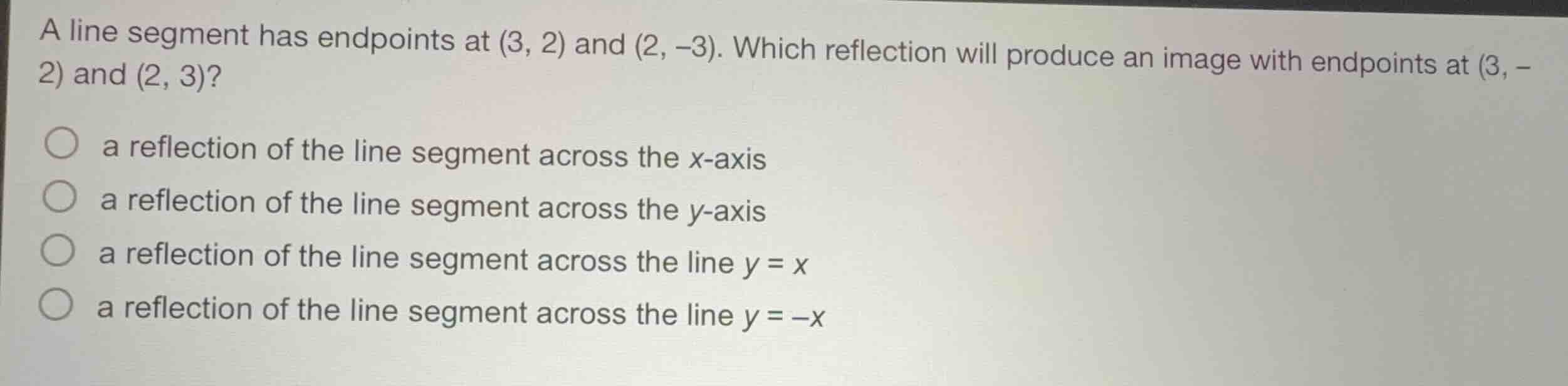a line segment has endpoints at \\((3, 2)\\) and \\((2, -3)\\). which r…