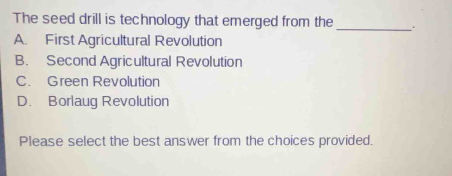 the seed drill is technology that emerged from the ______. a. first agr…