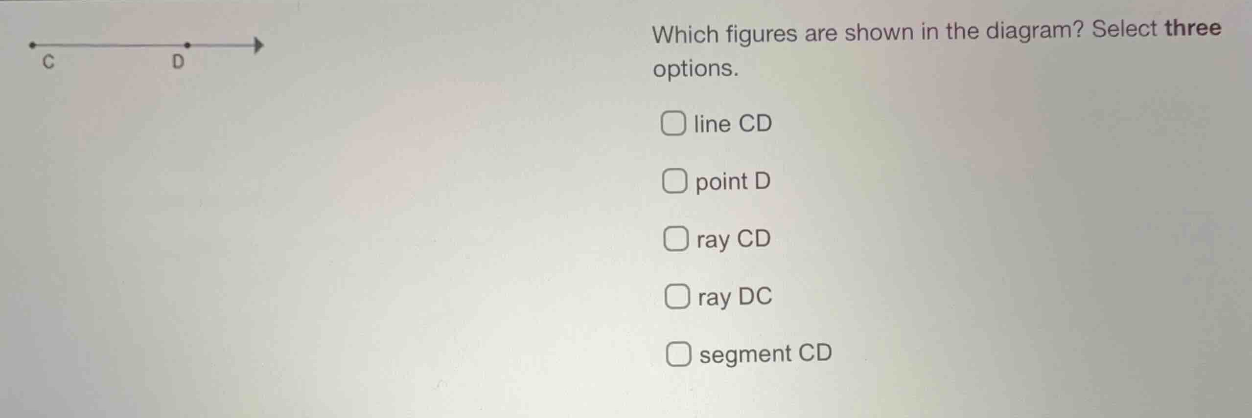 which figures are shown in the diagram? select three options. line cd p…