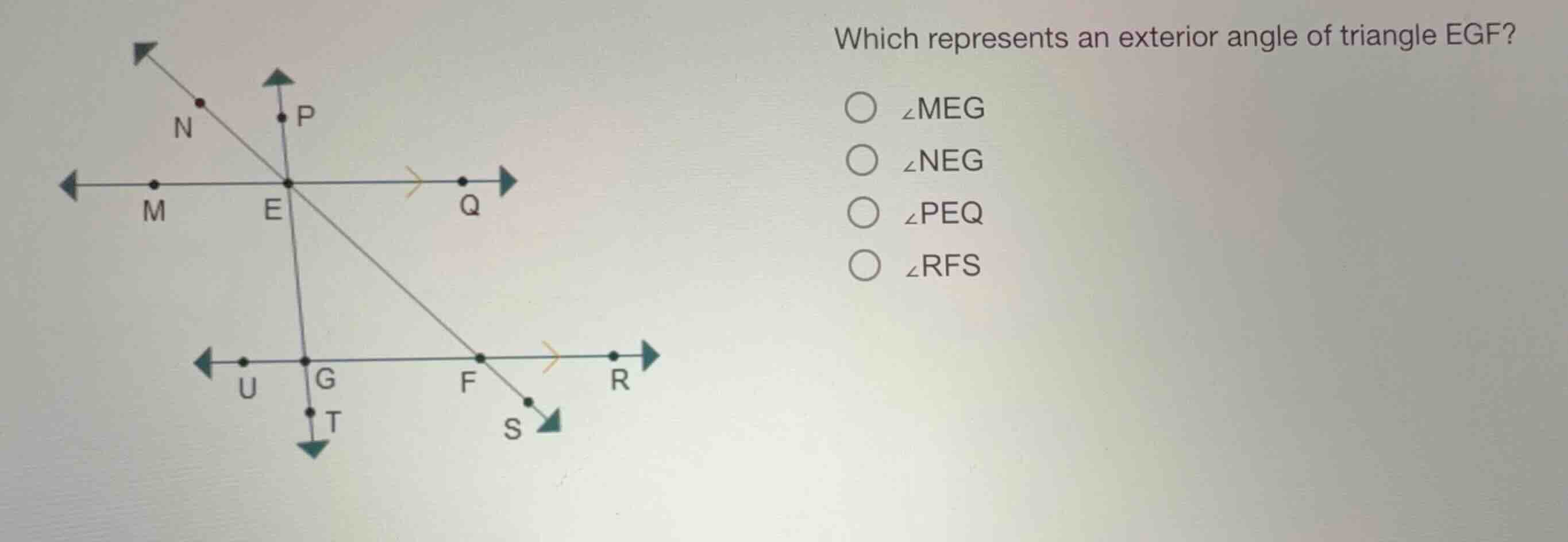 which represents an exterior angle of triangle egf? \\(\\angle meg\\) \…