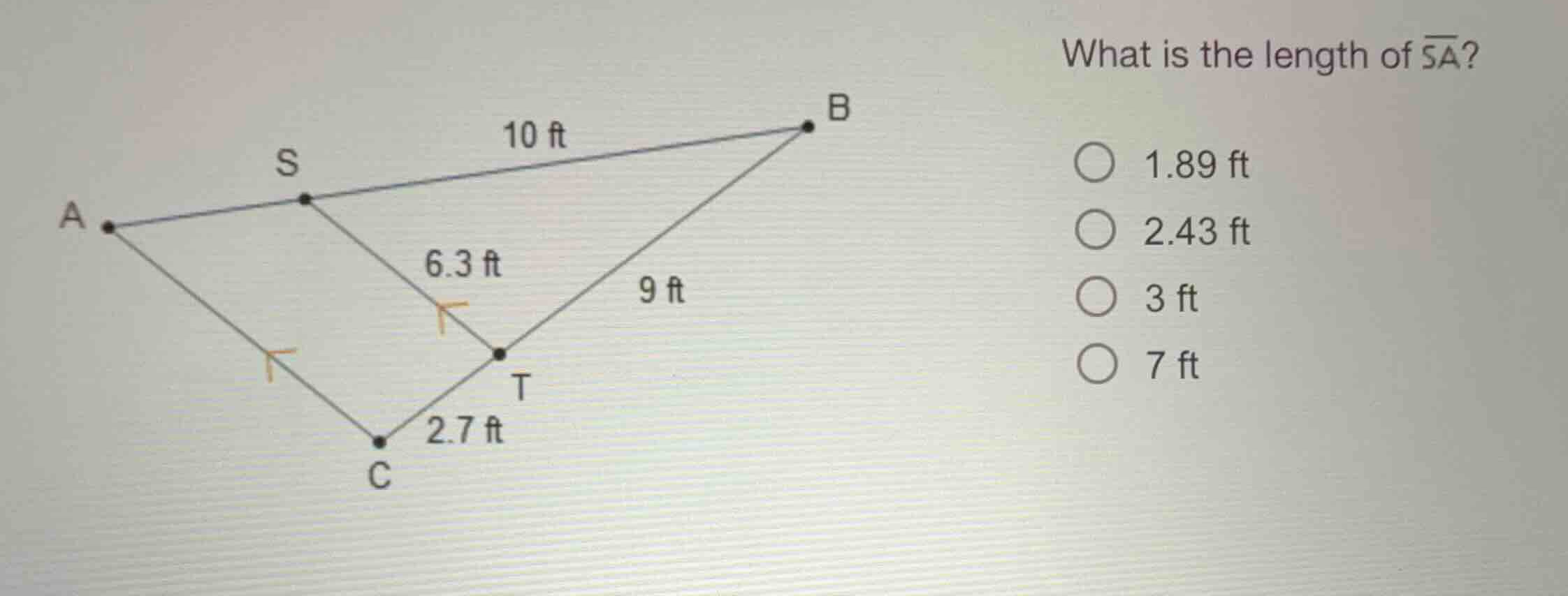 what is the length of \\(\\overline{sa}\\)? 1.89 ft 2.43 ft 3 ft 7 ft