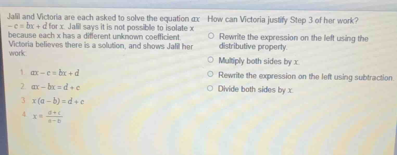 jalil and victoria are each asked to solve the equation \\(ax - c = bx …