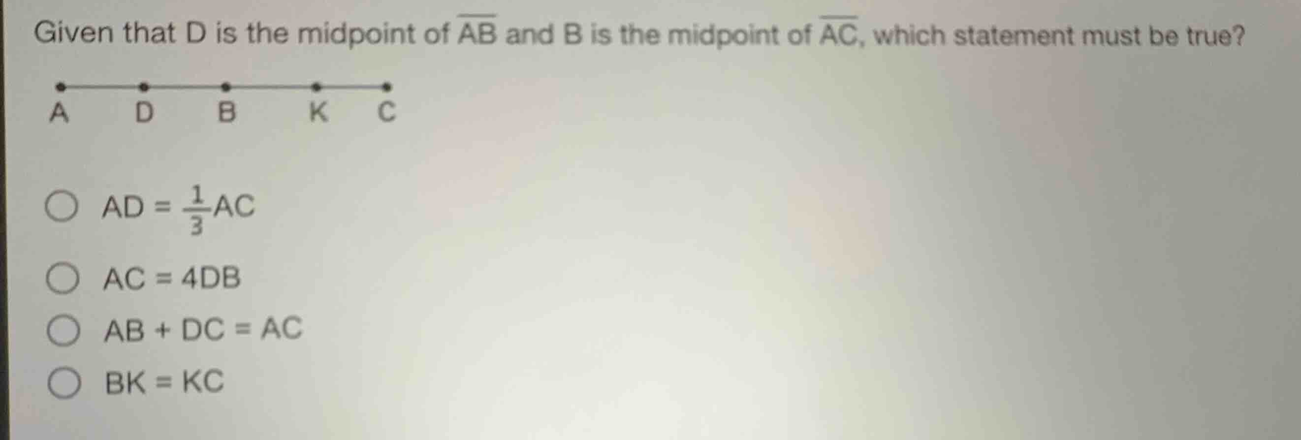 given that d is the midpoint of \\(\\overline{ab}\\) and b is the midpo…