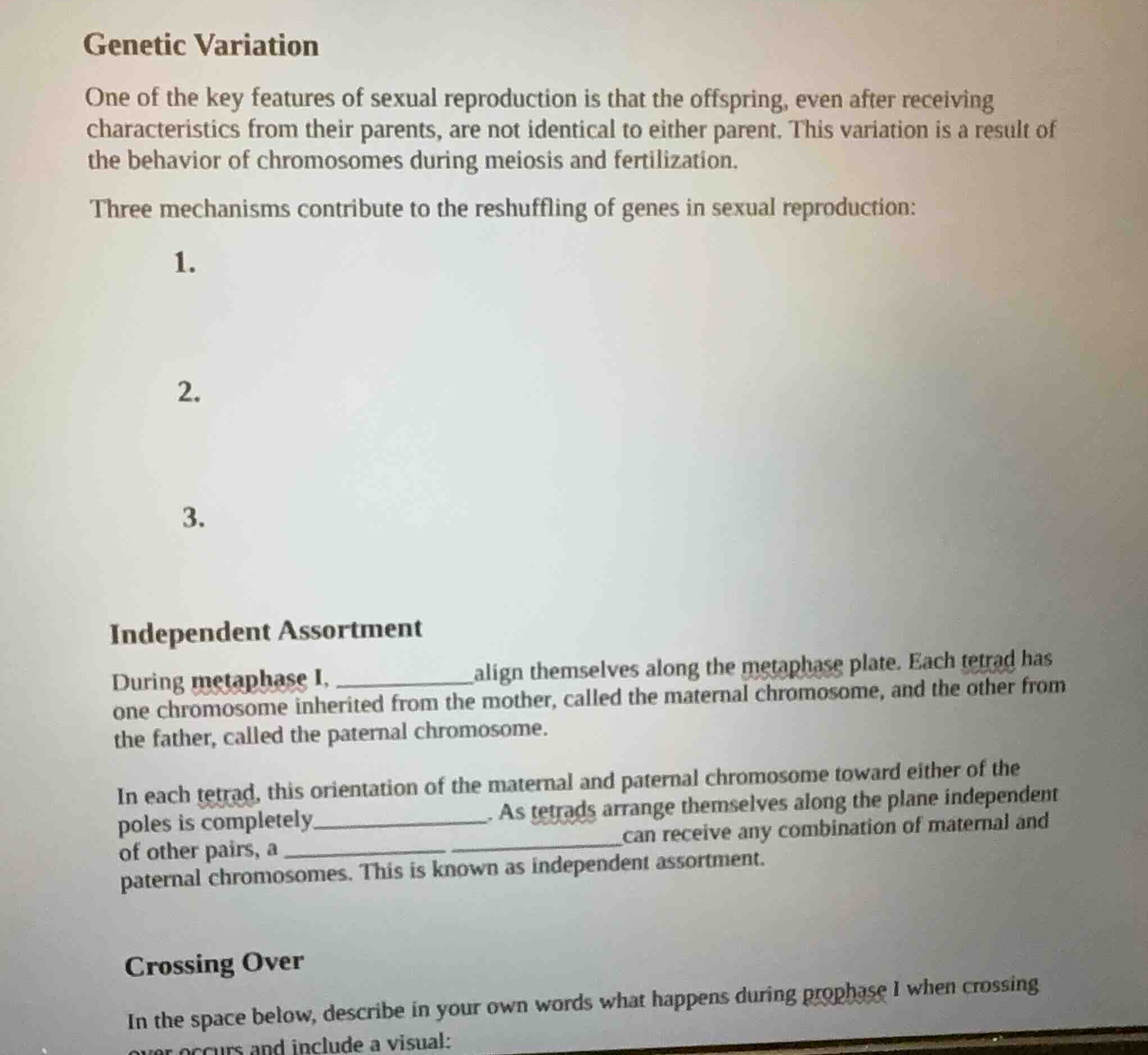 genetic variation one of the key features of sexual reproduction is tha…