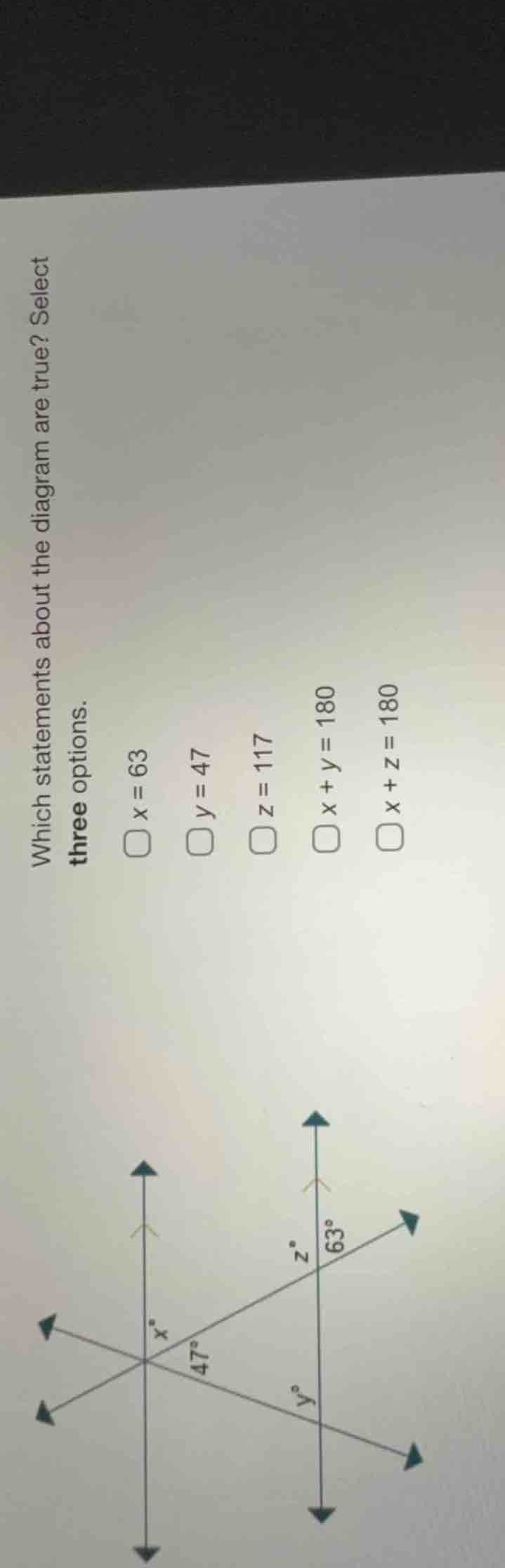 which statements about the diagram are true? select three options. \\(x…