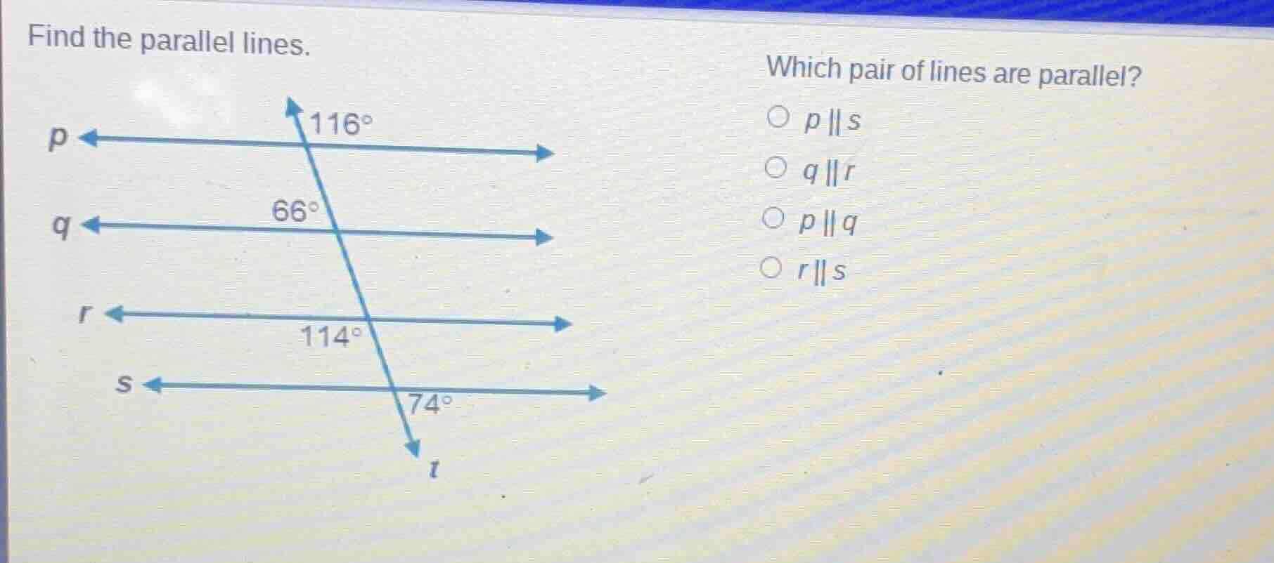 find the parallel lines. which pair of lines are parallel? \\(p \\paral…