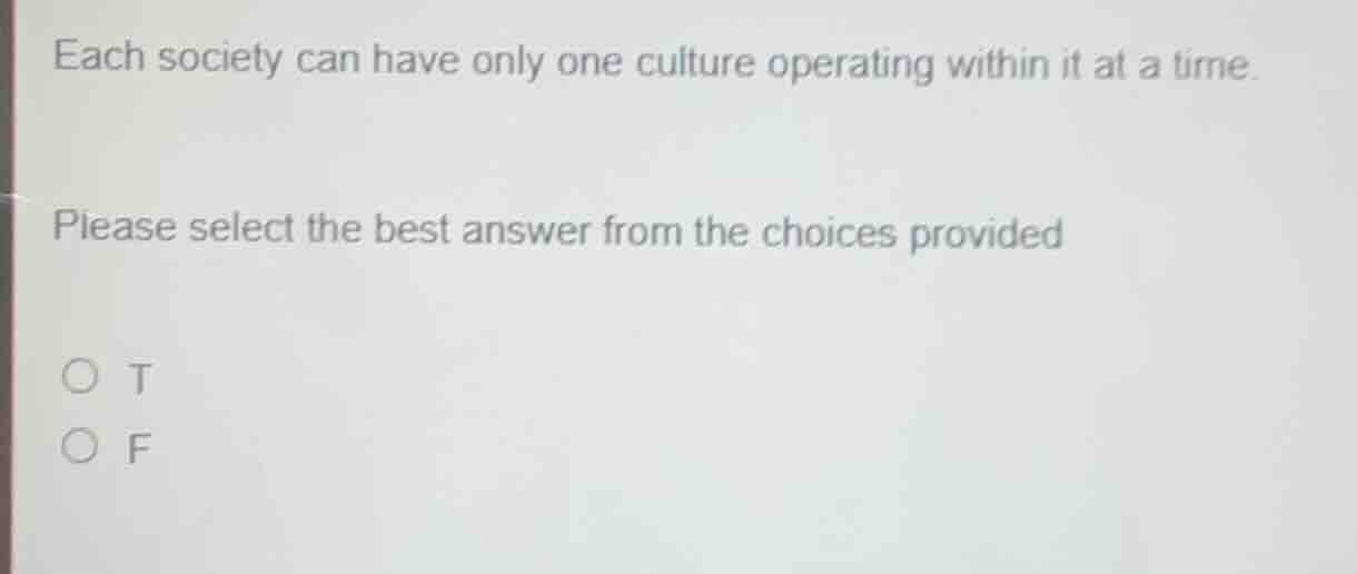 each society can have only one culture operating within it at a time. p…