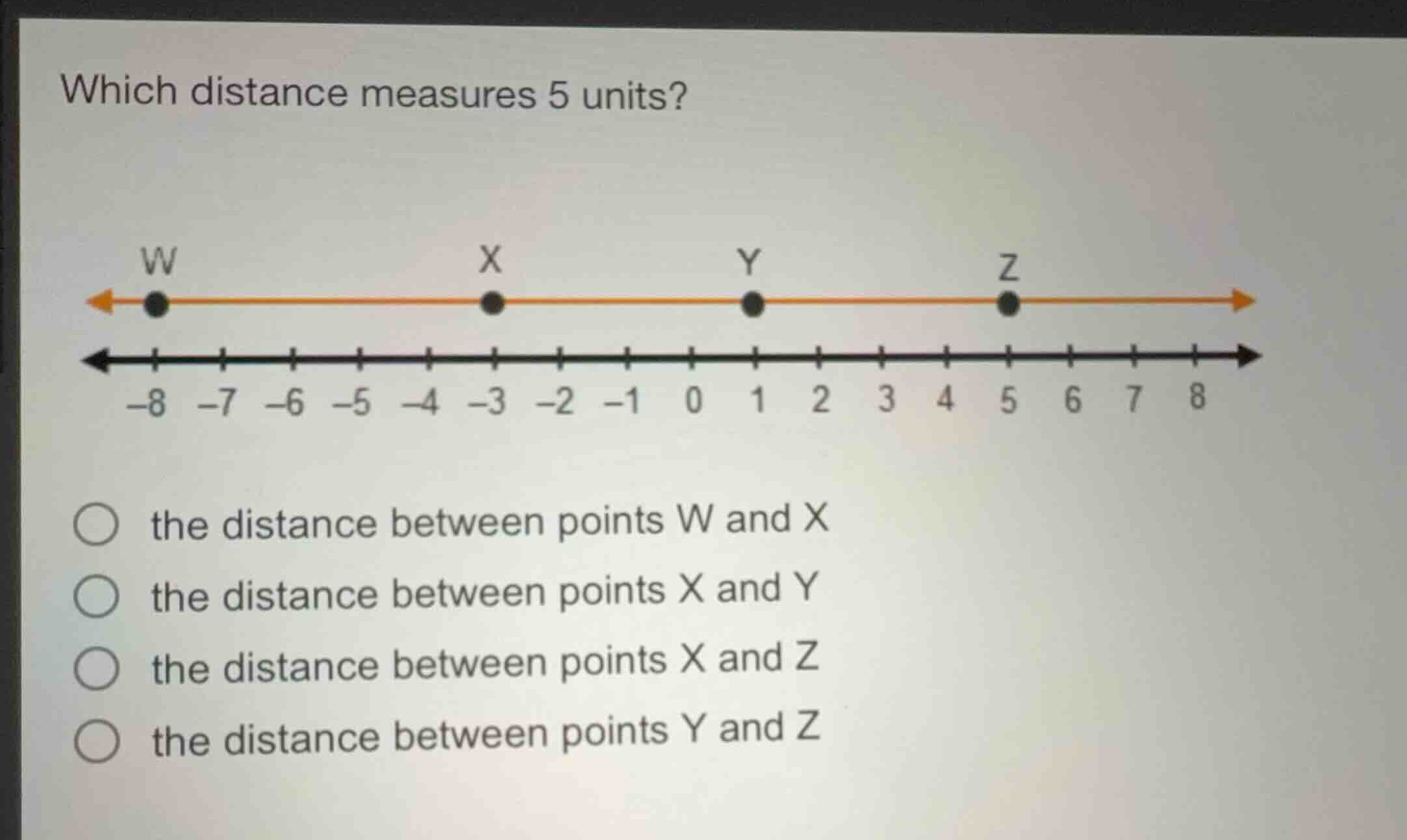which distance measures 5 units? the distance between points w and x th…
