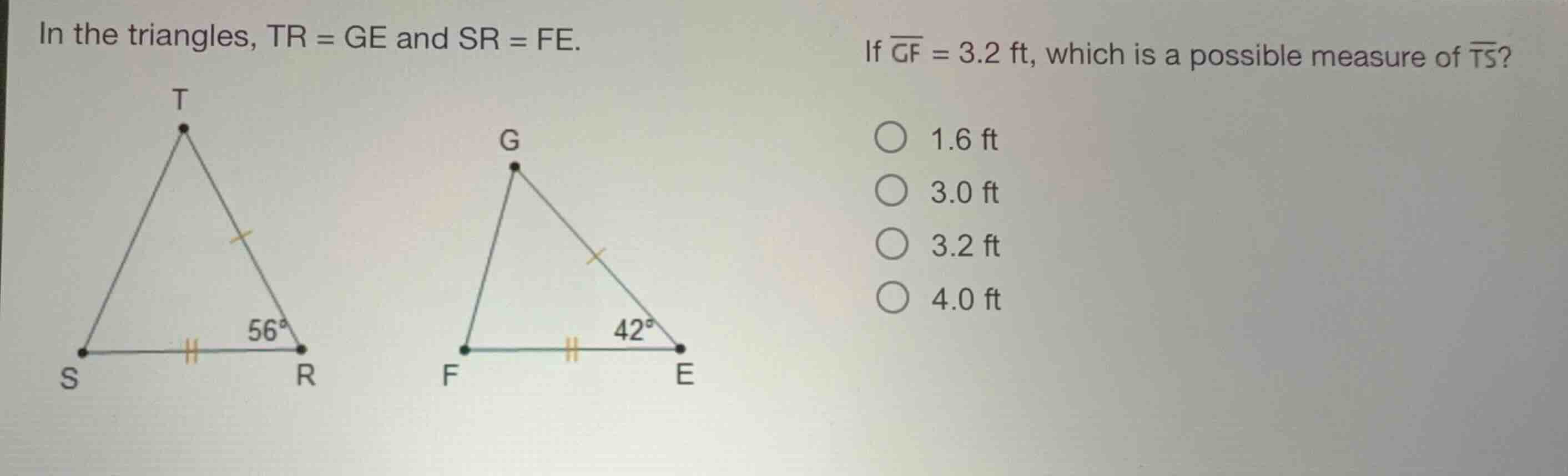 in the triangles, \\(tr = ge\\) and \\(sr = fe\\). if \\(\\overline{gf}…