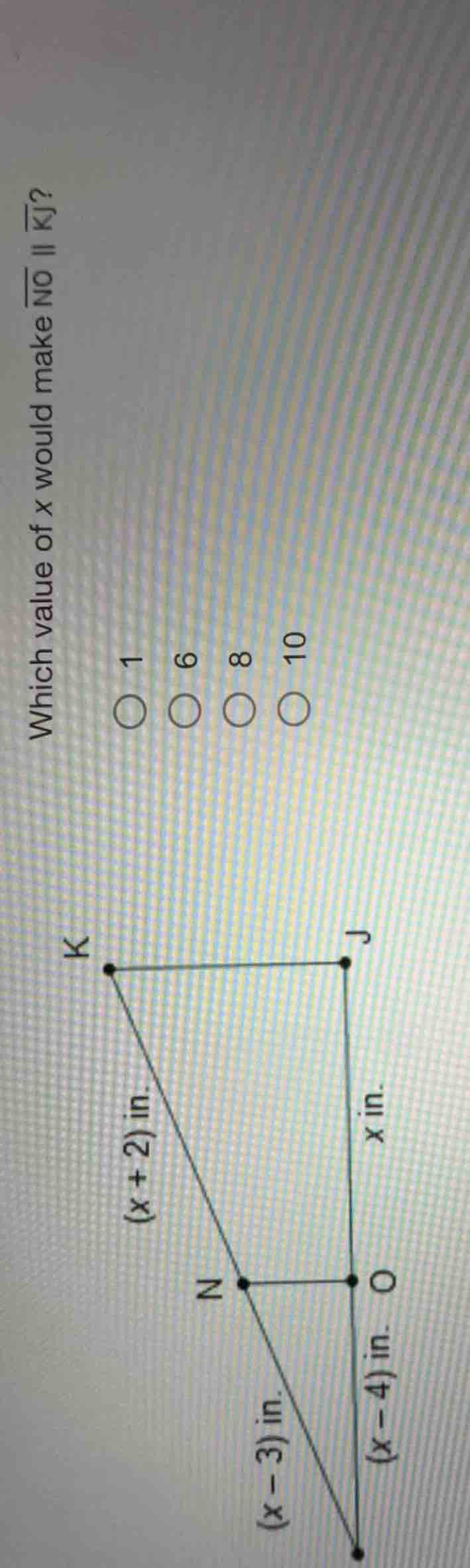 which value of \\(x\\) would make \\(\\overline{no} \\parallel \\overli…