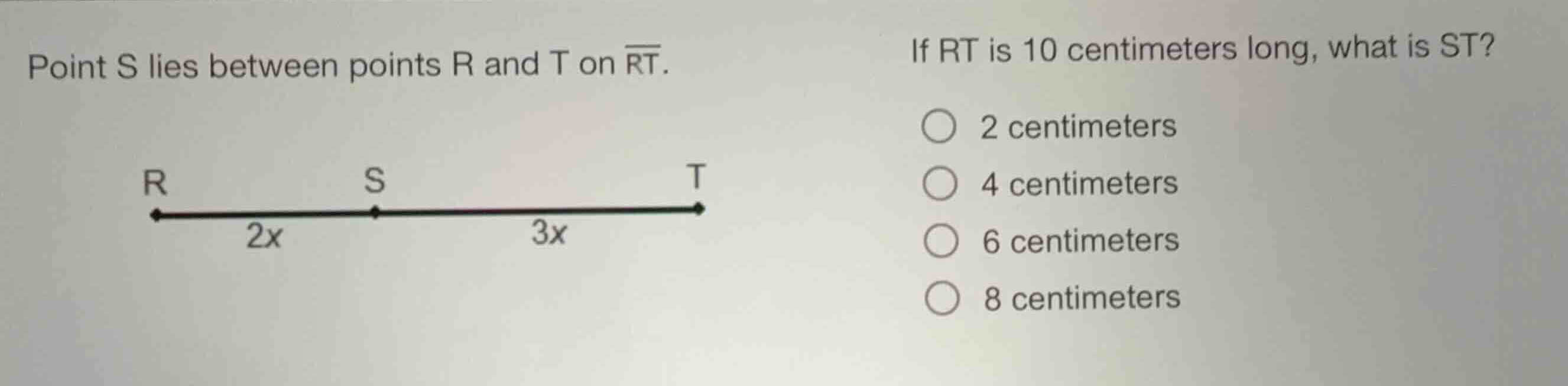 point s lies between points r and t on \\(\\overline{rt}\\). if rt is 1…