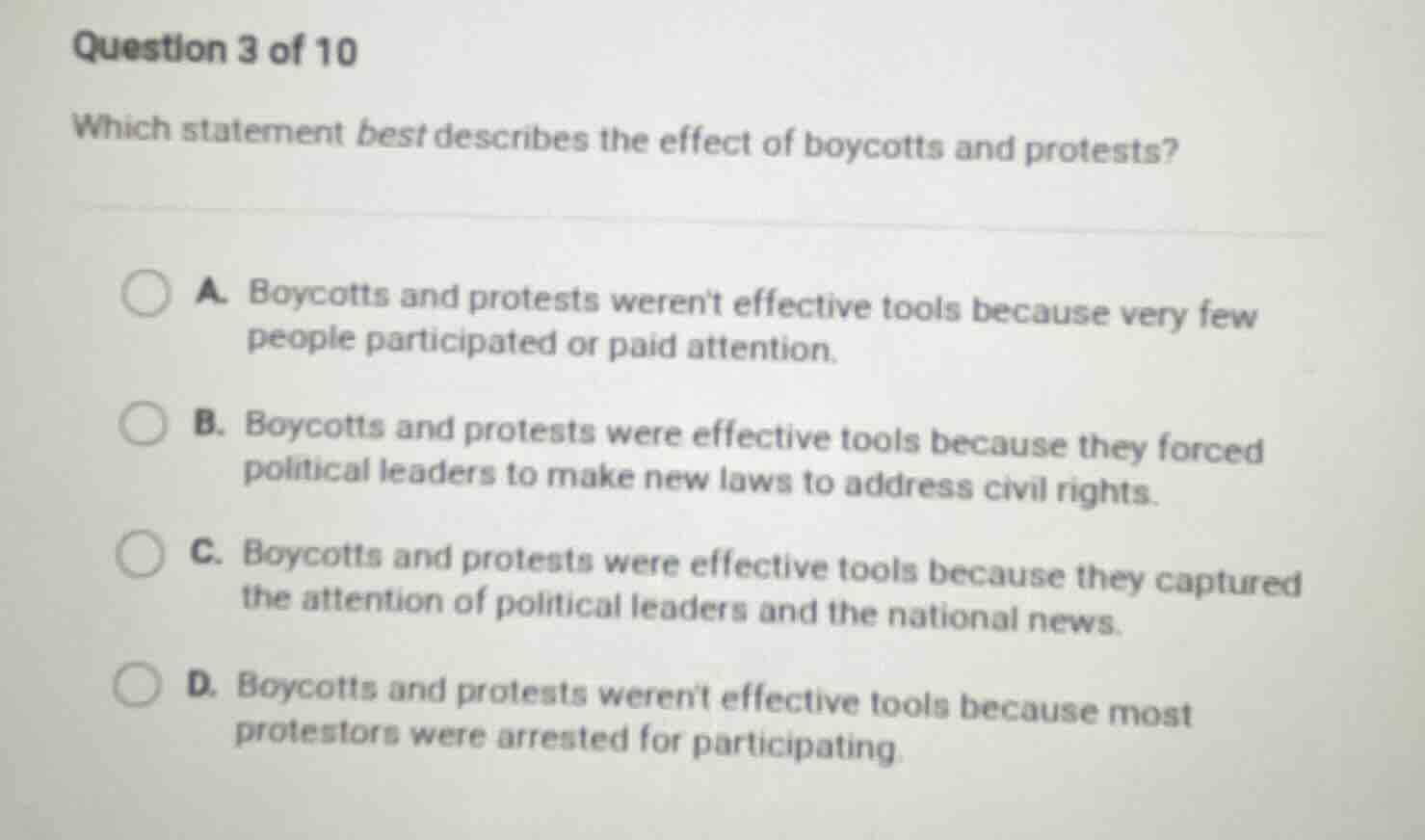 question 3 of 10 which statement best describes the effect of boycotts …