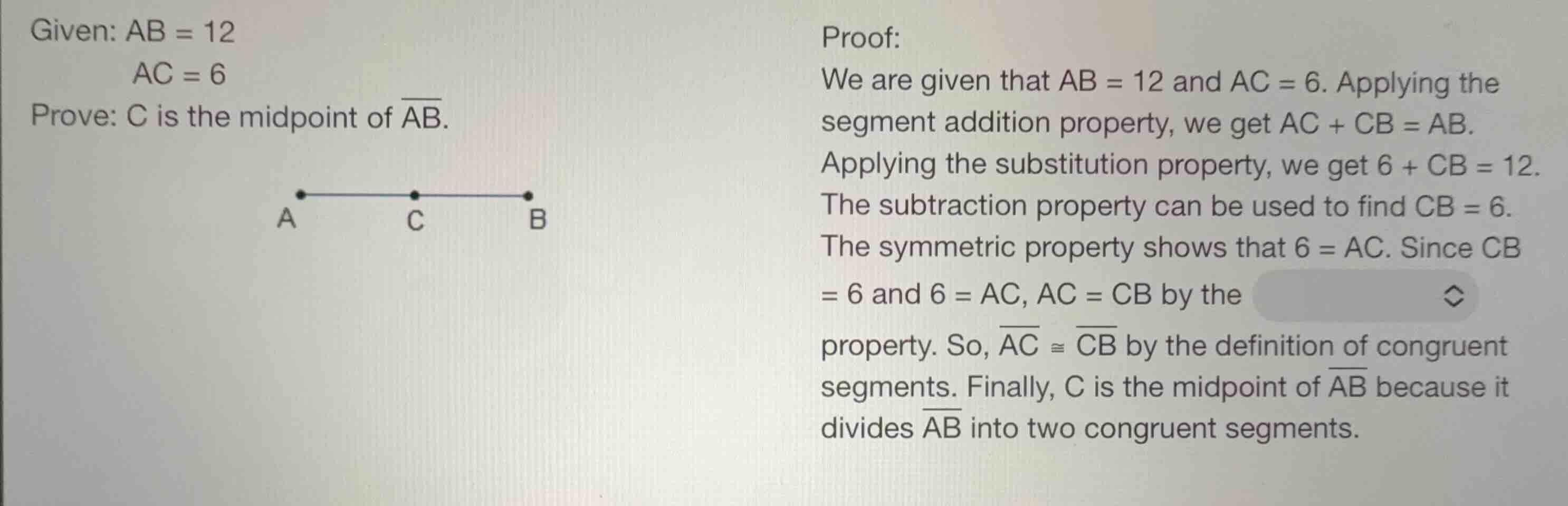 given: \\(ab = 12\\) \\(ac = 6\\) prove: \\(c\\) is the midpoint of \\(…