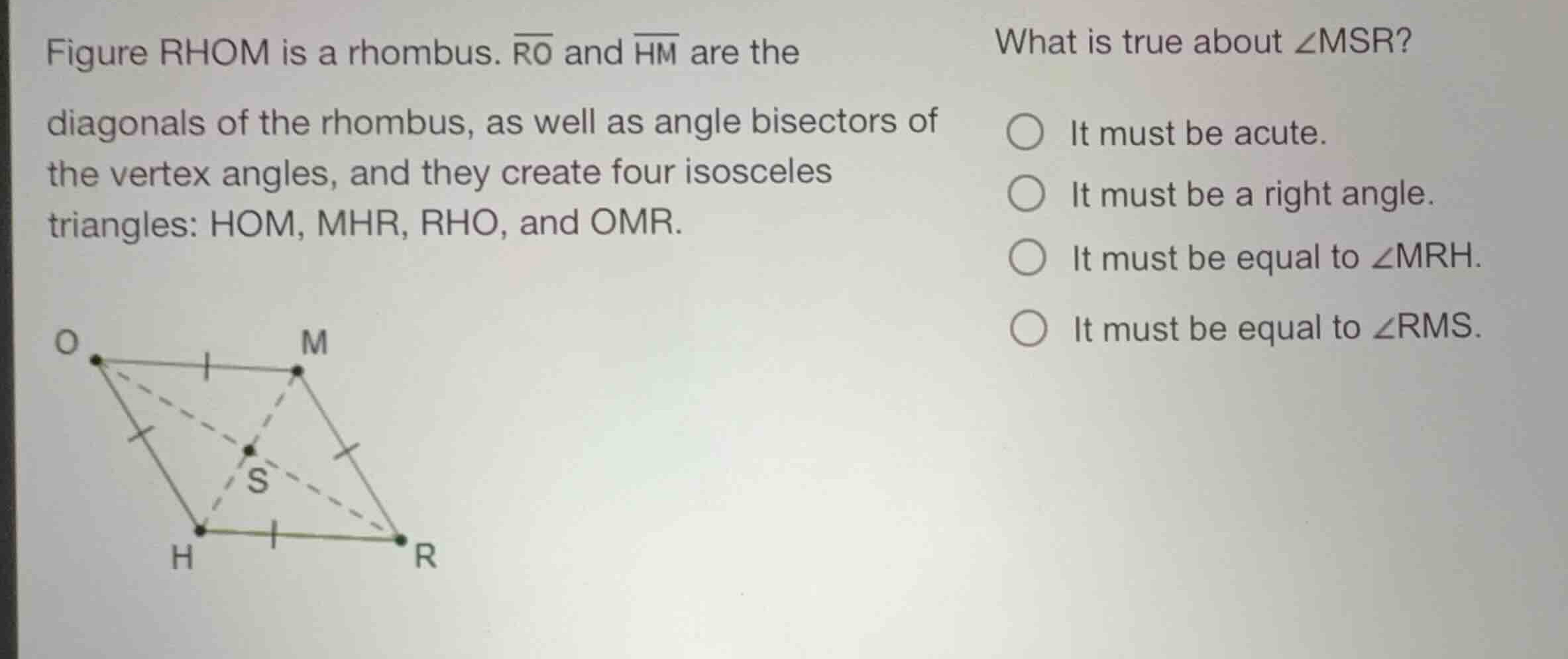 figure rhom is a rhombus. \\(\\overline{ro}\\) and \\(\\overline{hm}\\)…