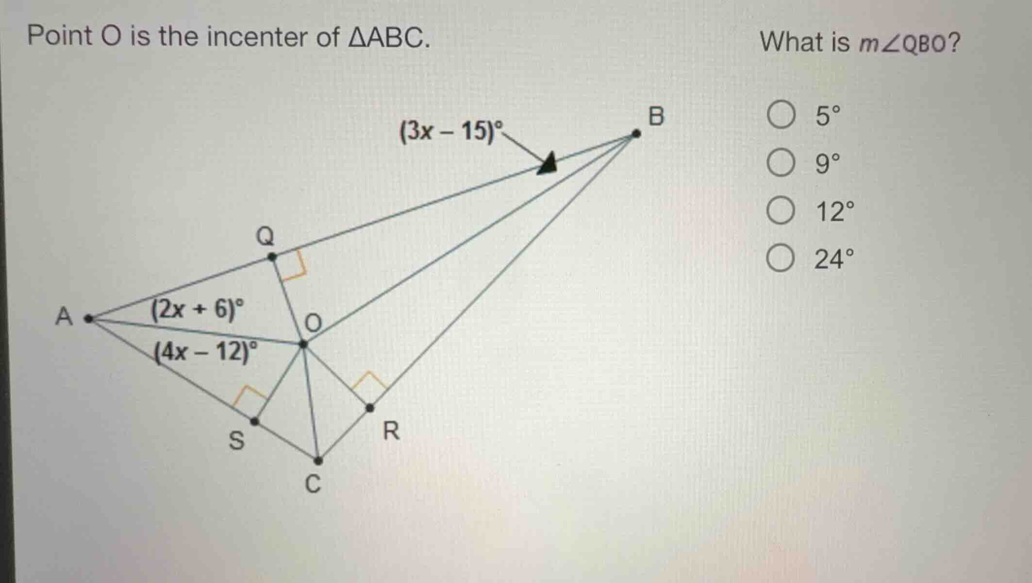 point o is the incenter of \\(\\delta abc\\). what is \\(m\\angle qbo\\…