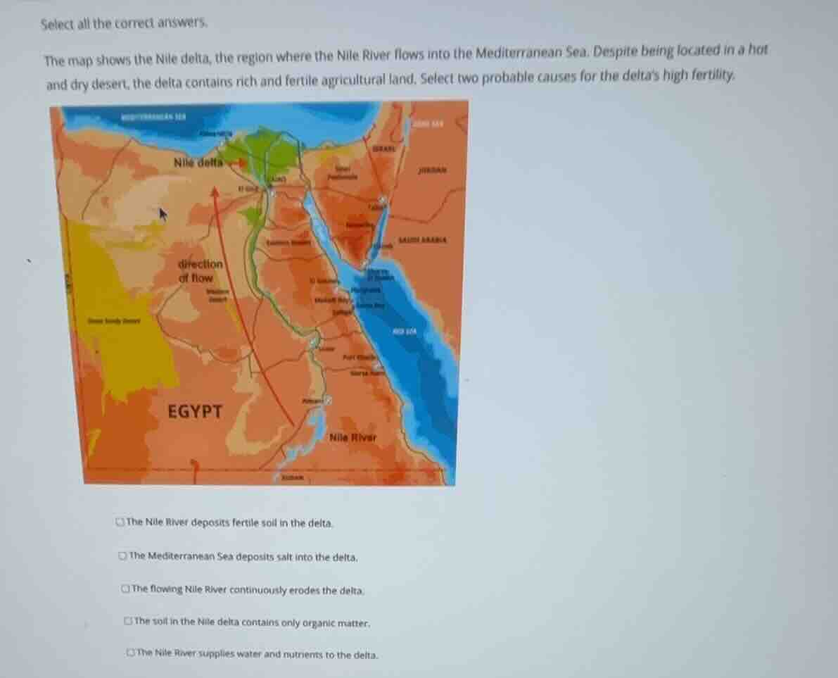 select all the correct answers. the map shows the nile delta, the regio…
