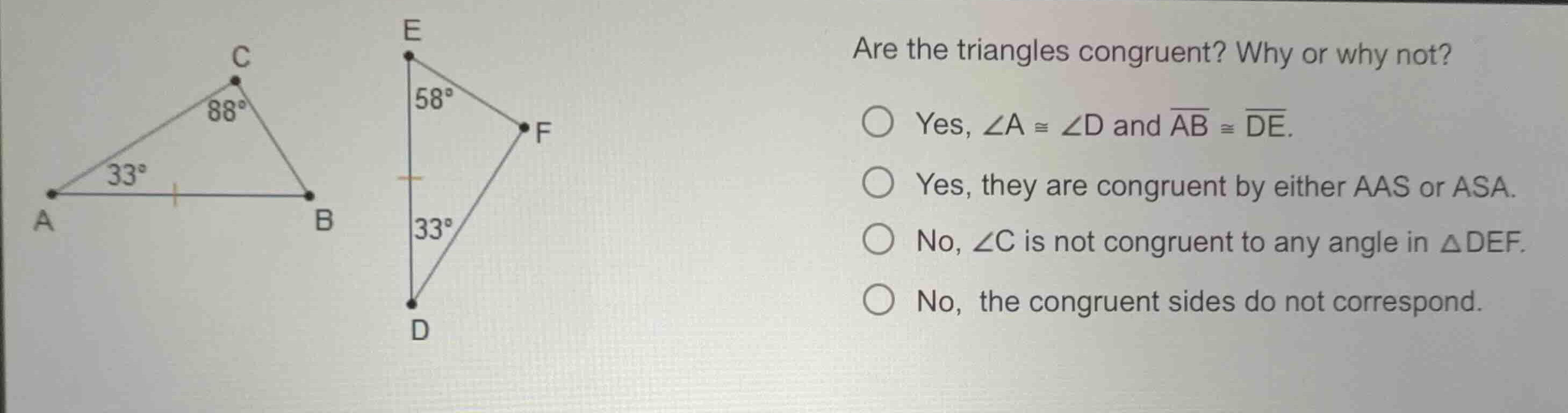 are the triangles congruent? why or why not? yes, \\(\\angle a \\cong \…