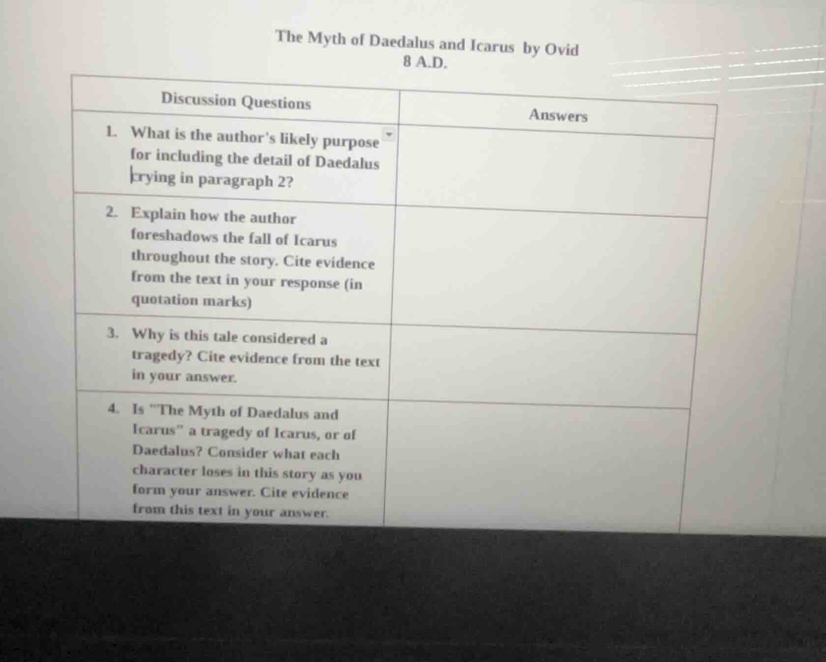 the myth of daedalus and icarus by ovid 8 a.d. discussion questions 1. …