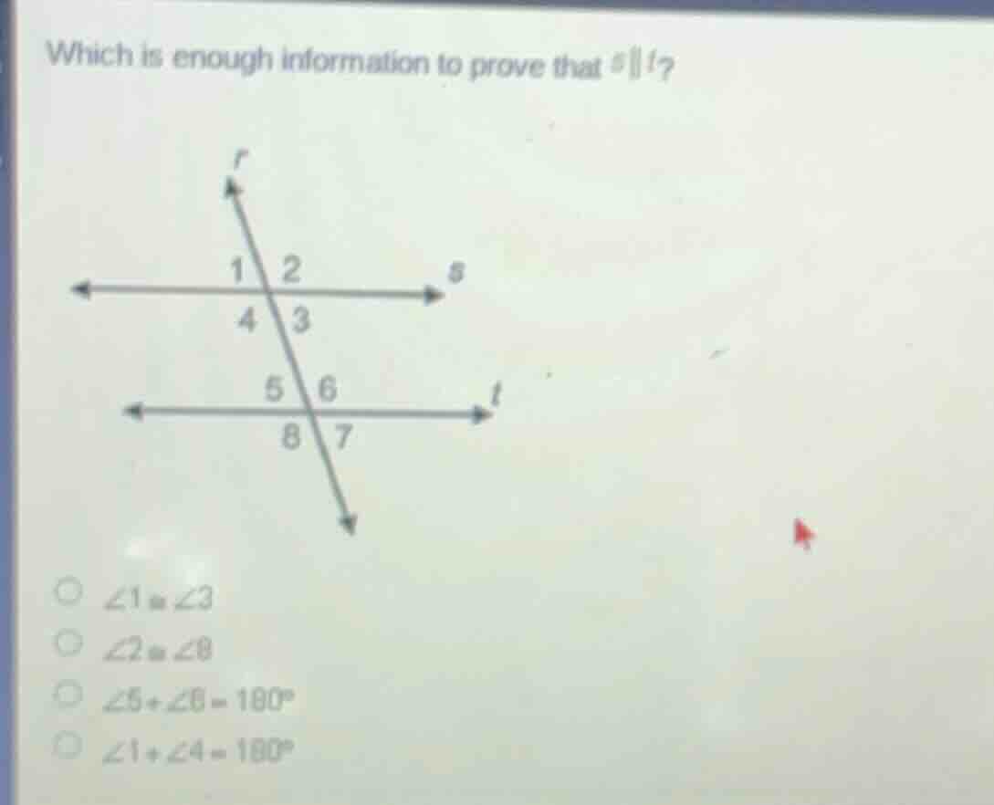 which is enough information to prove that \\(s \\parallel t\\)? \\(\\bi…