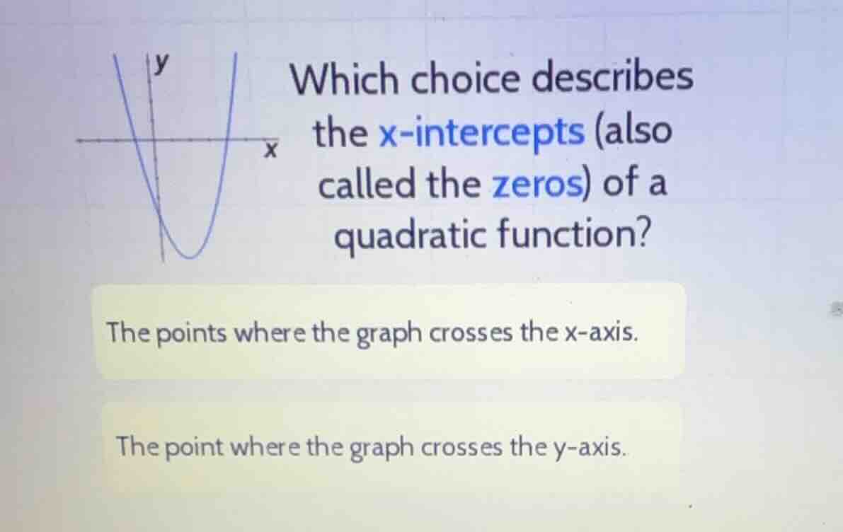 which choice describes the x-intercepts (also called the zeros) of a qu…