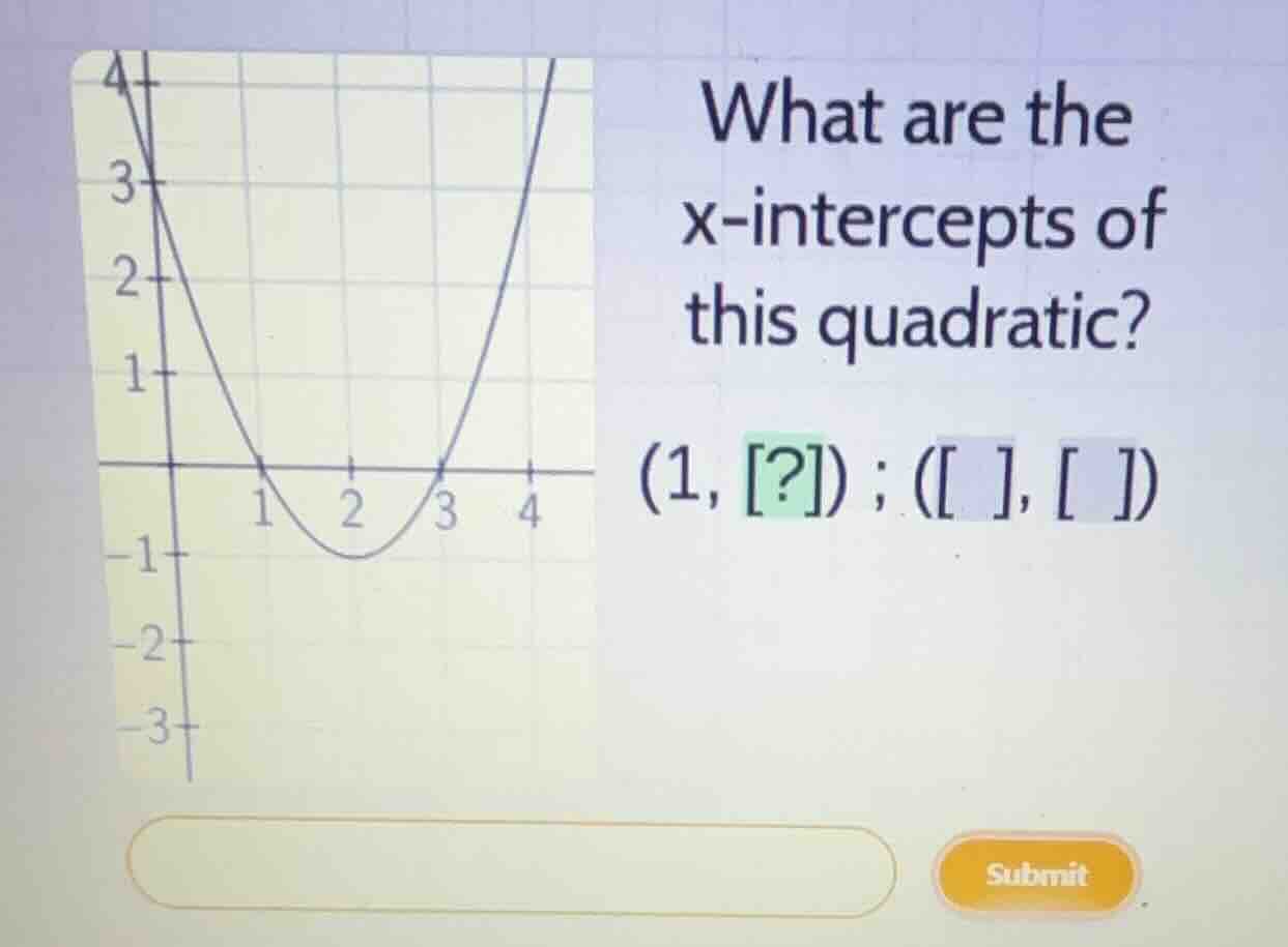 what are the x-intercepts of this quadratic? \\((1, ?) ; ( , )\\)