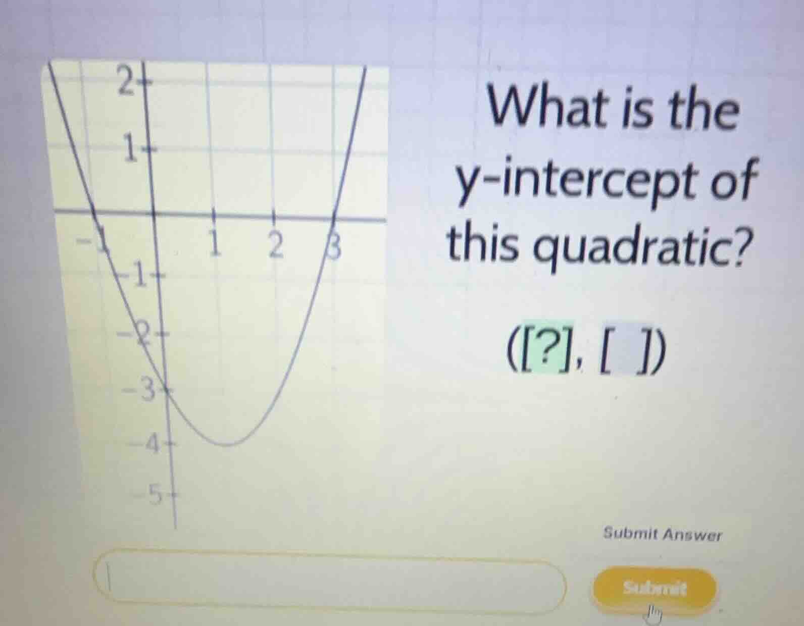 what is the y-intercept of this quadratic? (?, )