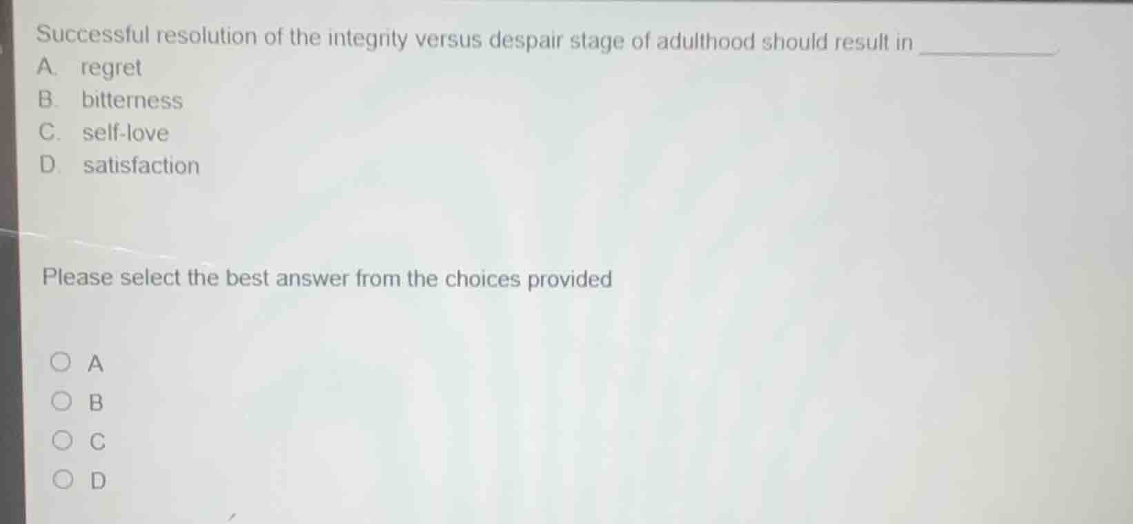 successful resolution of the integrity versus despair stage of adulthoo…