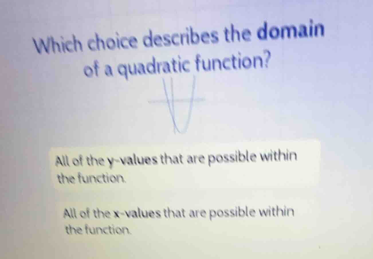 which choice describes the domain of a quadratic function? all of the y…