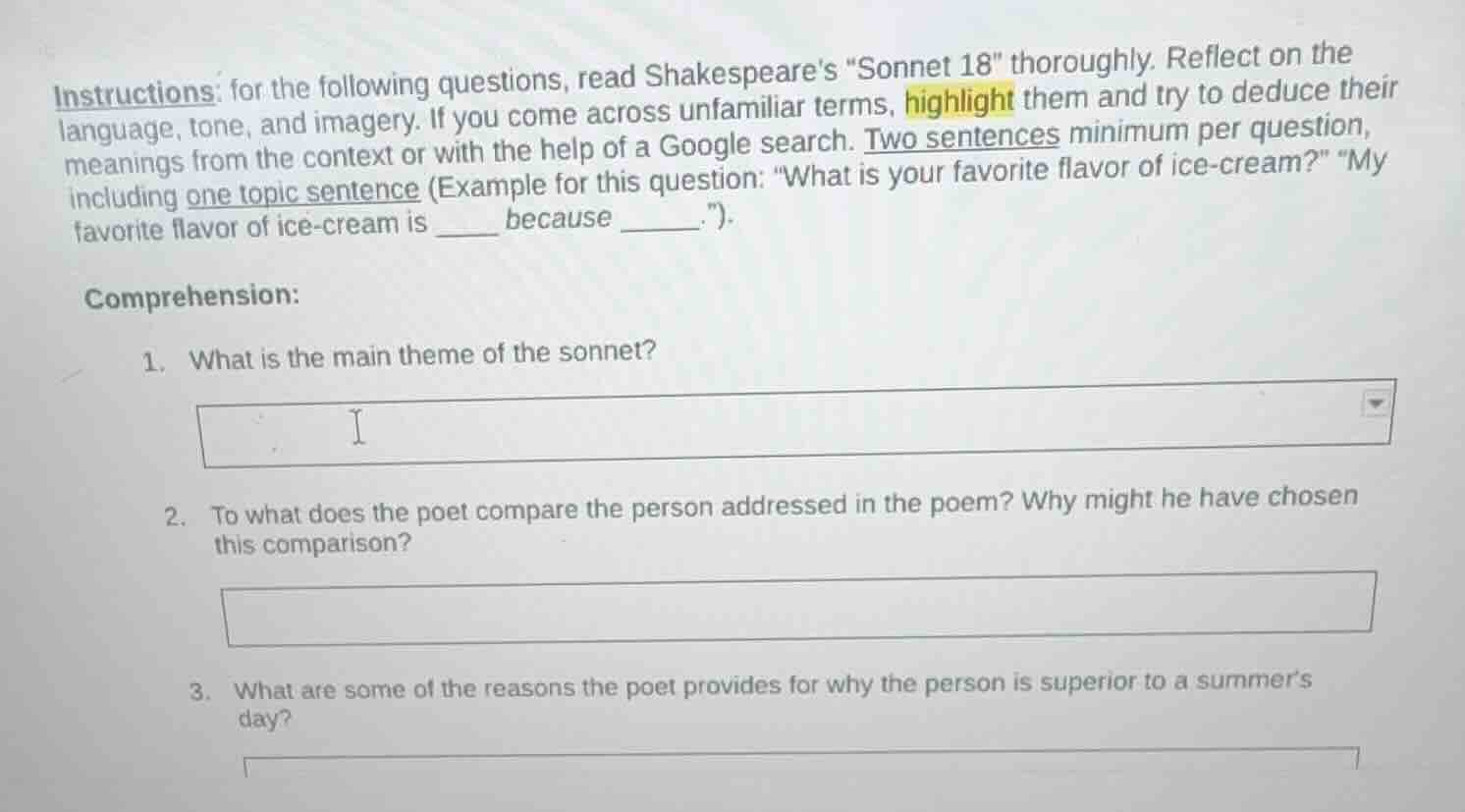 instructions: for the following questions, read shakespeares \sonnet 18…