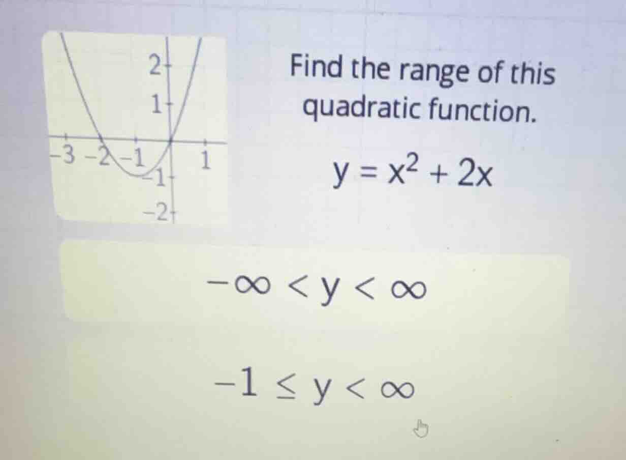 find the range of this quadratic function. (y = x^2 + 2x) (-infty < y <…