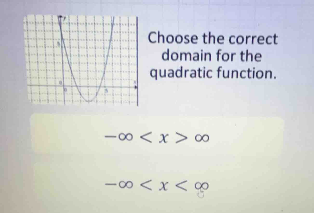 choose the correct domain for the quadratic function. \\(-\\infty < x >…