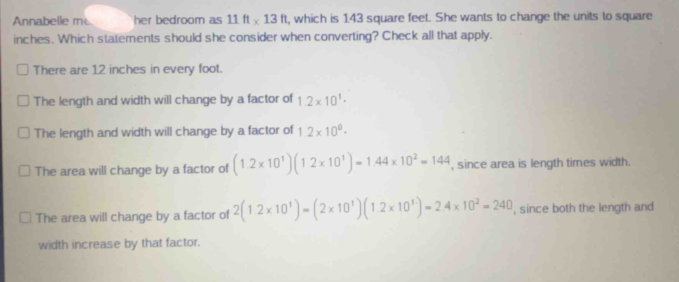 annabelle measured her bedroom as \\(11\\text{ ft} \\times 13\\text{ ft…