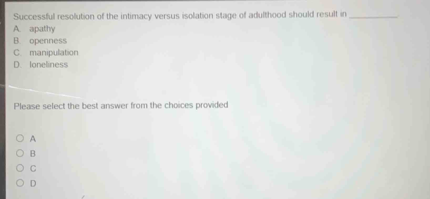 successful resolution of the intimacy versus isolation stage of adultho…