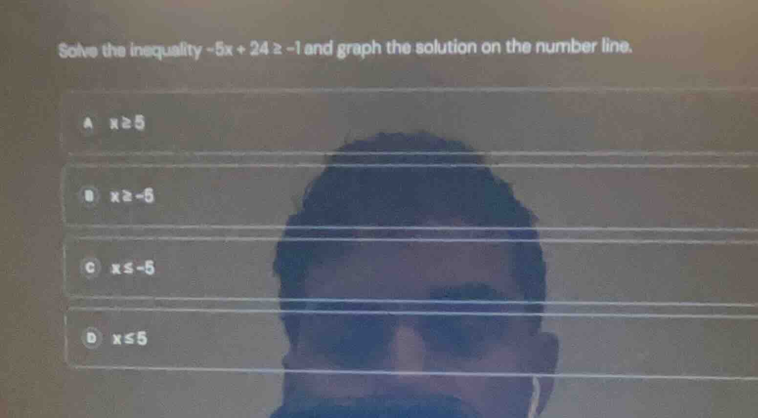 solve the inequality \\(-5x + 24 \\ge -1\\) and graph the solution on t…
