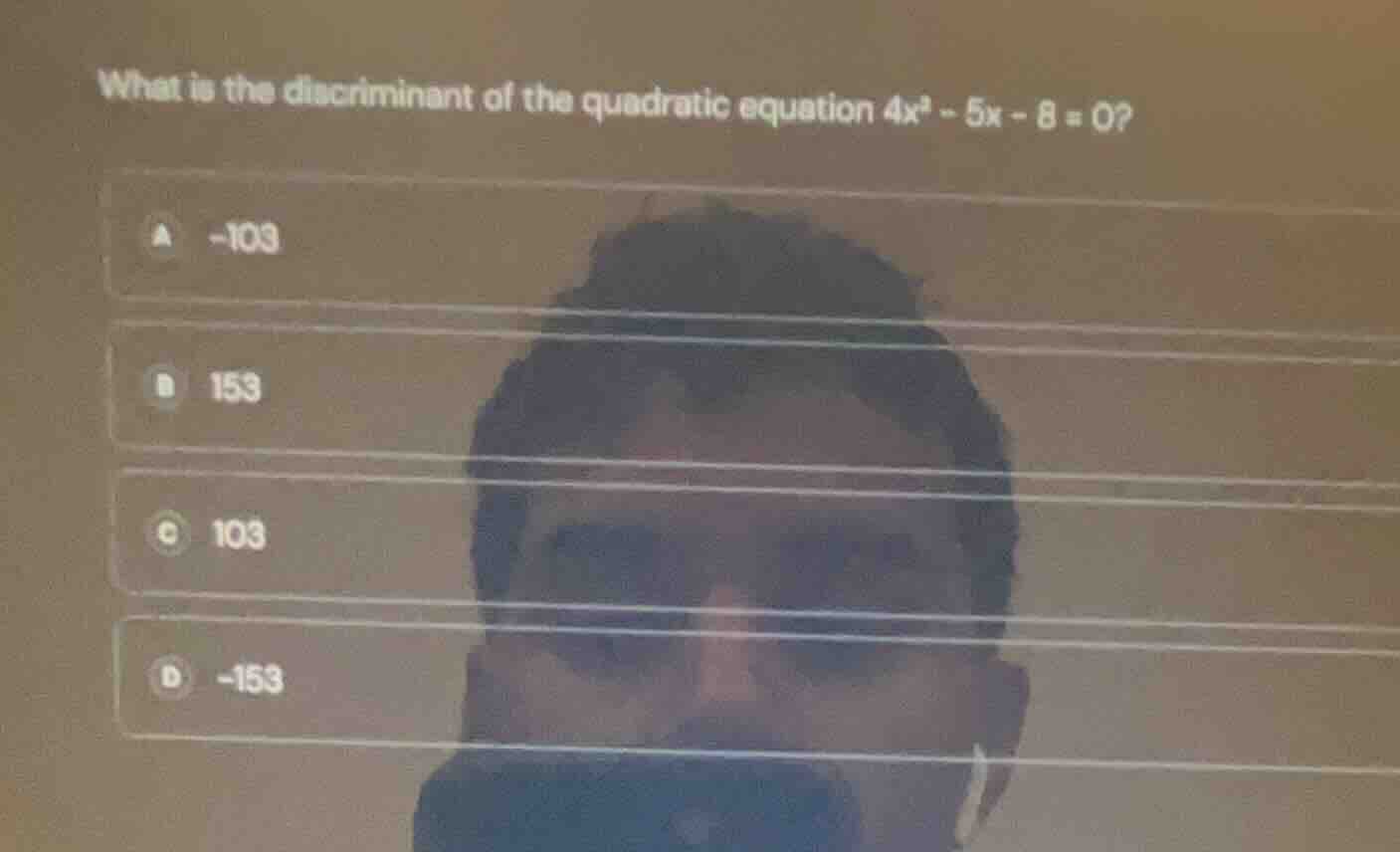 what is the discriminant of the quadratic equation (4x^2 - 5x - 8 = 0)?…