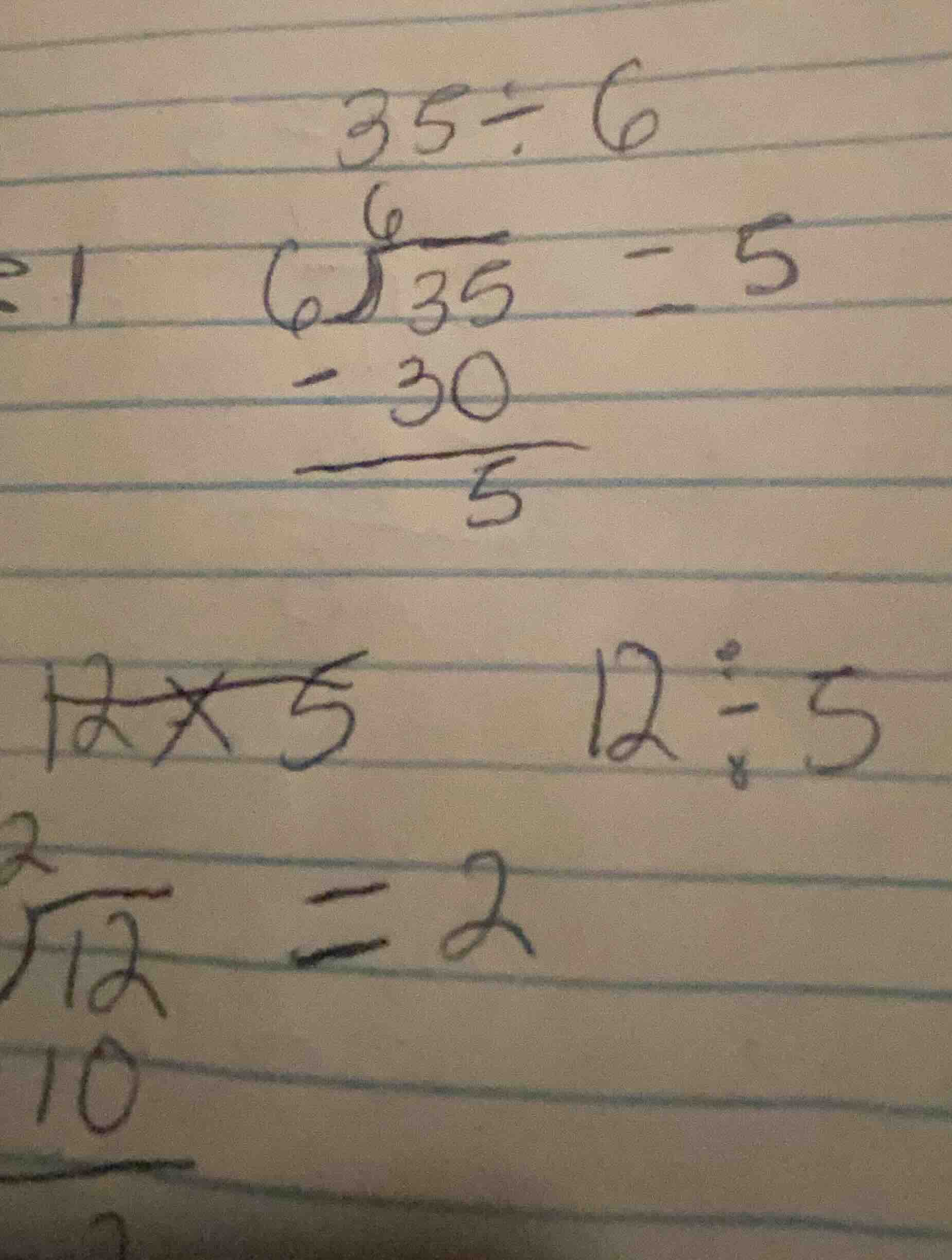 1. \\(35 \\div 6\\) 2. \\(12 \\div 5\\)